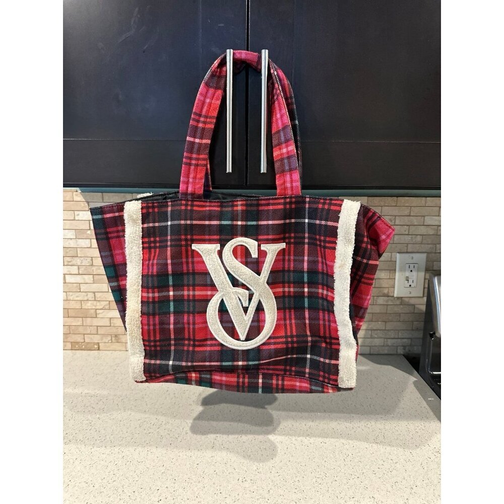 Victoria’s Secret Tote Bag Multi Color Plaid Rectangle 16.5”x20.5” Double Handle